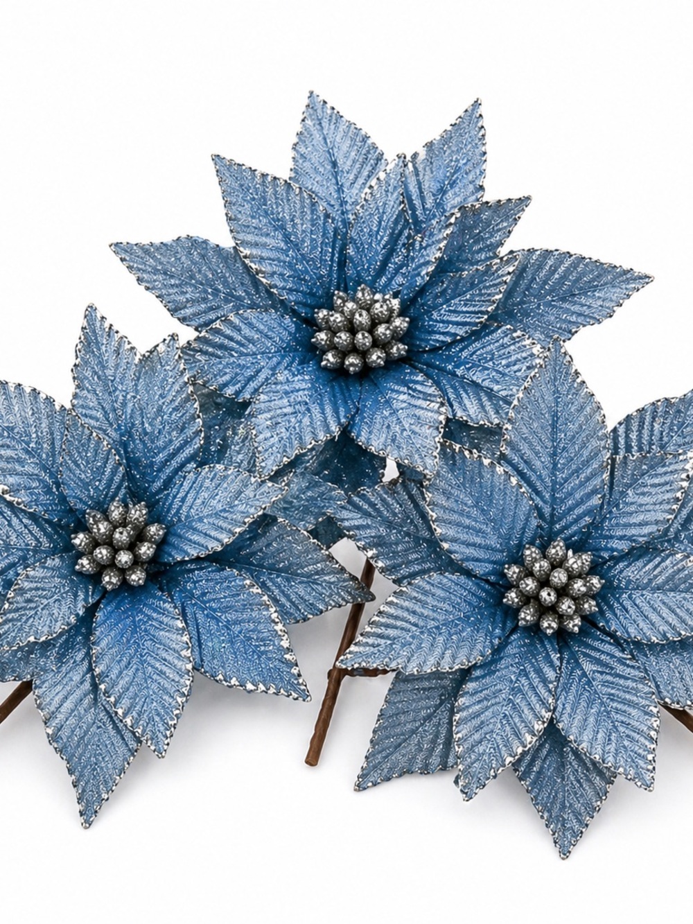 Blue Velvet Poinsettia Stems Set of 5 Designer Christmas Floral Picks